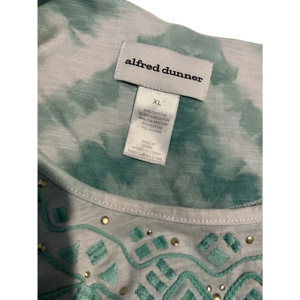 Alfred Dunner Top Womens XL Green Tie Dye‎ Embroidered Studded Slub